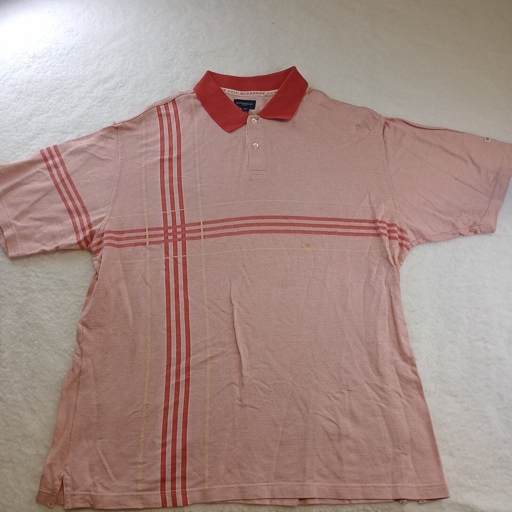 Vintage Burberry Polo Golf Shirt Mens USA Made Red Striped Large HAS‎ STAINS